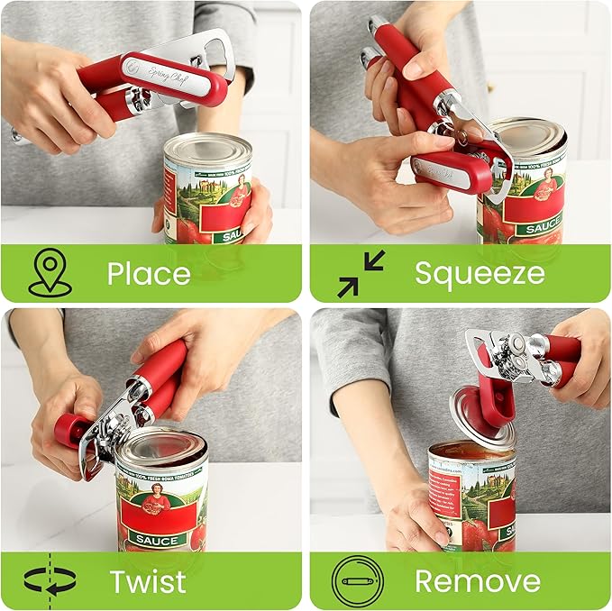 Spring Chef Stainless Steel Can Opener - Manual with Soft Grip Handles, Easy Turn, Heavy Duty Hand Can Opener for Seniors with Smooth Edge - Red - Image 8
