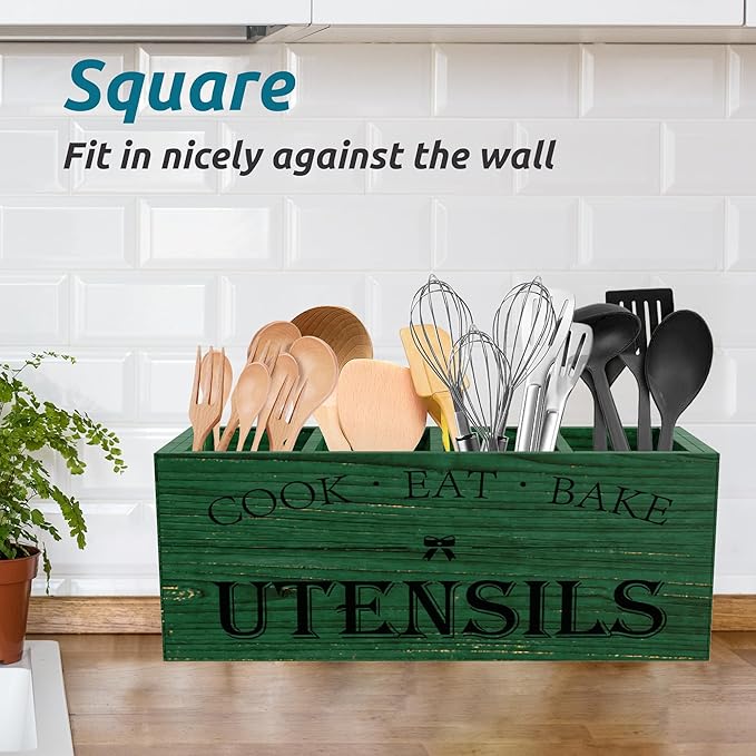 Suli Extra Large Kitchen Utensils Holder with 4 Compartments, Wooden Utensil Organizer for Kitchen Countertop, Farmhouse Decor, Rustic Cooking Utensil - Green grain - Image 5