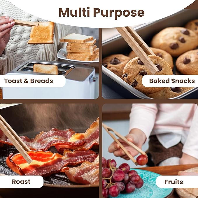 Wooden Toaster Tongs 2 PCs | Bamboo Kitchen Utensils For Cooking & Holding Toast Bacon Muffin Fruits, Pickles, Cheese Bagel Bread Ultra Grip | 9 Inch Long Natural Toxic Free - Image 4