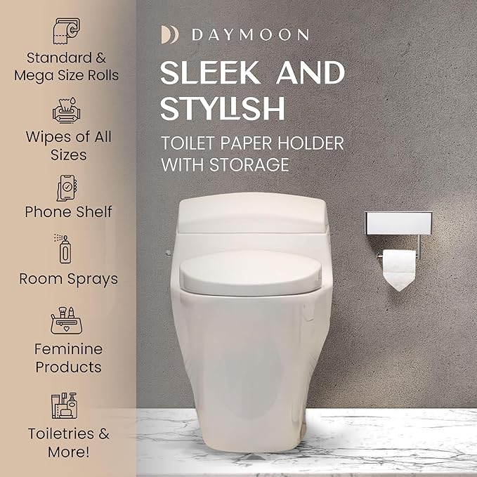 Day Moon™ - Toilet Paper Holder with Shelf - Modern Roll Holder for Bathroom - 1 Pack - Wall Mount - with Storage, Polished Chrome - Image 3