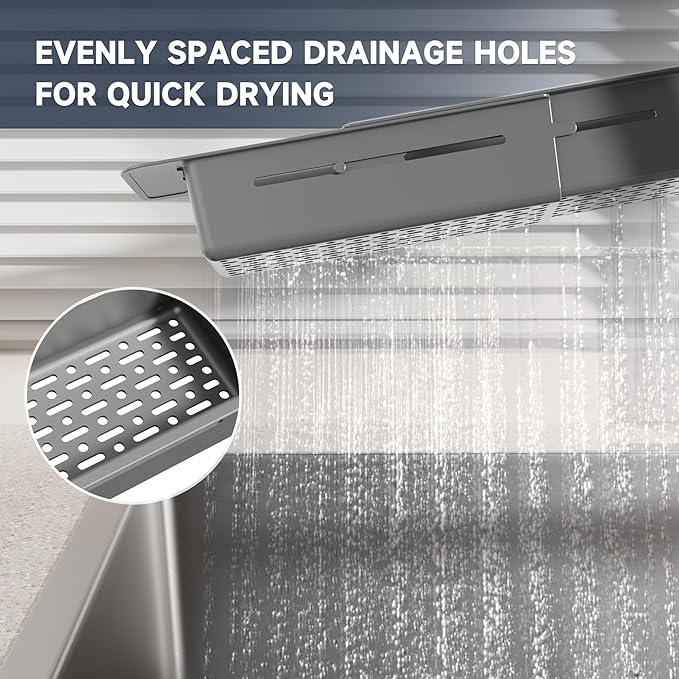 NiHome Extendable Sink Kitchen Organizer, Extra Long Telescopic Brush Storage Rack for Sponge, Non-Slip Pads Expandable Sink Caddy, Adjustable Brush Rack with Drainage Durable ABS (Dark Gray) - Image 8