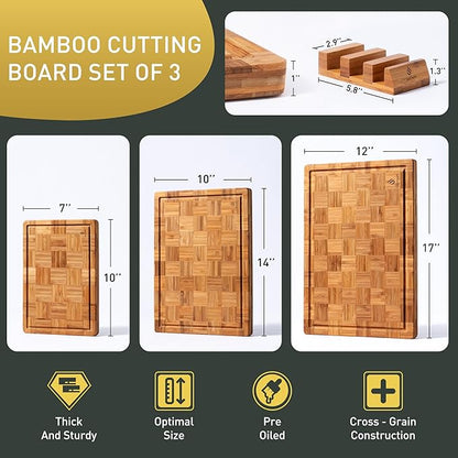 3 Pack Heavy Duty Bamboo Cutting Board Set Non Toxic Wooden Cutting Board for Kitchen Non Slip Solid End Grain Thick Wood Juice Groove Chopping Board Extra Large Butcher Block Best House Warming Gift - Image 3