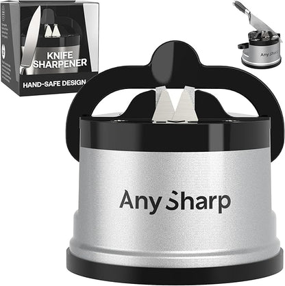 AnySharp – GLOBAL – Hands Free Knife Sharpener - Easy to Use Sharpening Tool with PowerGrip Suction Base and 20-Degree Pre-set Angle - For All Knives: Chef’s, Serrated, and Hardened Steel - Silver by AnySharp