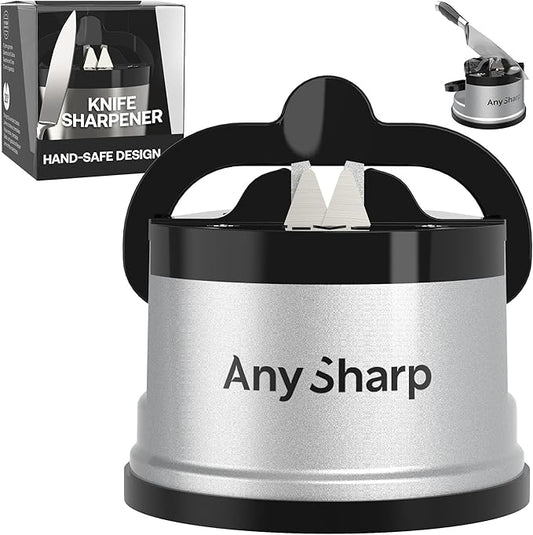 AnySharp – GLOBAL – Hands Free Knife Sharpener - Easy to Use Sharpening Tool with PowerGrip Suction Base and 20-Degree Pre-set Angle - For All Knives: Chef’s, Serrated, and Hardened Steel - Silver by AnySharp