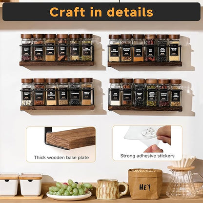 4-Tier Wall Mount Spice Rack Organizer- Screw/Adhesive Mount, Black Metal & Wood Spice Storage for Kitchen Pantry Cabinet, 11.6”L x 2.4”W x 3.2”H, Spice Jars Not Included - Image 4