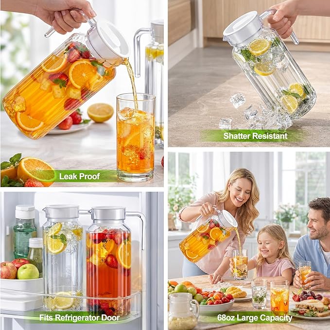 Panitay 2 Pcs 68 Ounces Plastic Pitcher with Lid Clear Acrylic Refrigerator Safe Pitcher Shatter Proof Juice Containers with Lids for Water Milk Sangria Lemonade Cold Drinks - Image 4