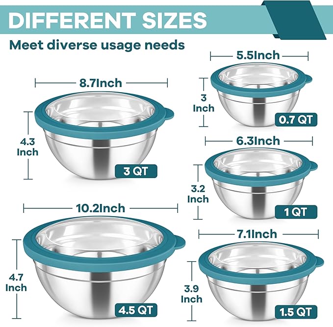 TeamFar Mixing Bowls Set, 4.5/3/1.5/1/0.7 QT Stainless Steel Nesting Salad Bowls with Visible Lids, For Serving Mixing, Non-Toxic & Heavy Duty, Airtight & Easy Clean, Dark Blue, Set of 5 - Image 2