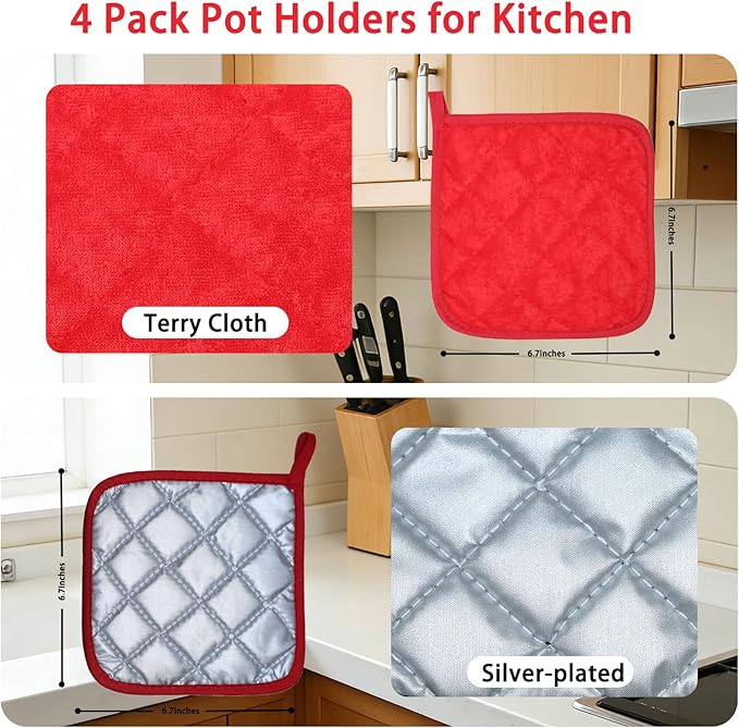 4 Pack Pot Holders for Kitchen Clearance Oven Potholders Sets for Kitchens Hot Pads for Kitchen Countertops Heat Resistant Red - Image 3