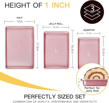 HONGBAKE Baking Sheet Pan Set, Cookie Sheets for Oven, Nonstick Half/Quarter/Jelly Roll Pans with Diamond Texture Pattern, Heavy Duty Cookie Tray, Pink - Image 5