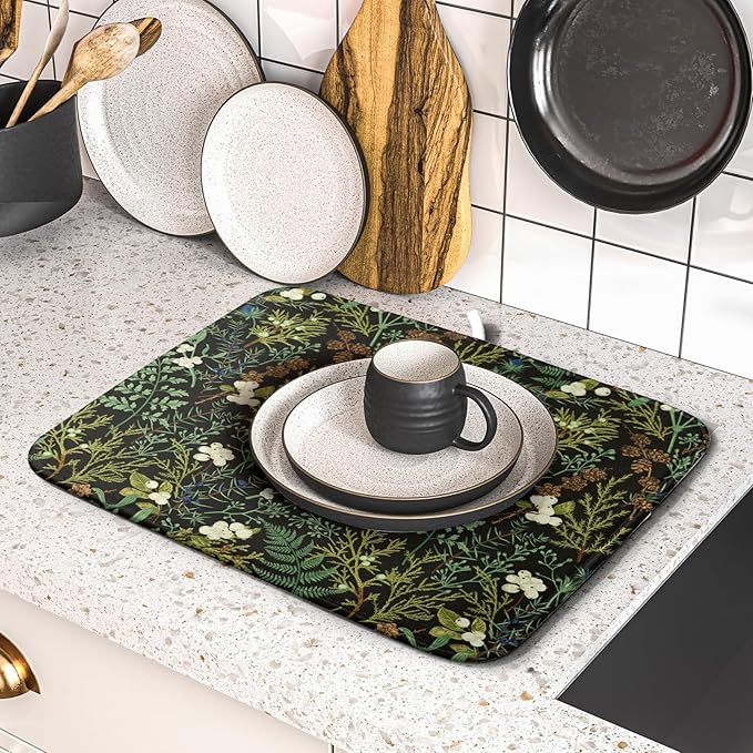 Green Plants Dish Drying Mat for Kitchen Counter Microfiber Absorbent Dish Draining Reusable Washable Foldable 16"x18" - Image 5