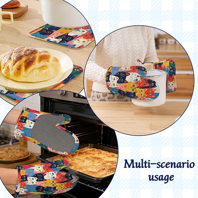 Colourful Cats Oven Mitts and Pot Holders Sets of 4 Cute Animal Heat Resistant Silicone Oven Mits Gloves Non-Slip Kitchen Mittens Potholders for Cooking Baking Grilling BBQ