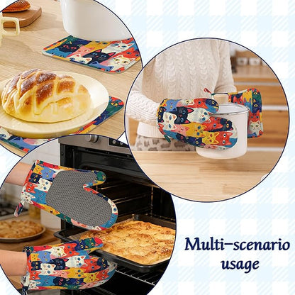 Colourful Cats Oven Mitts and Pot Holders Sets of 4 Cute Animal Heat Resistant Silicone Oven Mits Gloves Non-Slip Kitchen Mittens Potholders for Cooking Baking Grilling BBQ