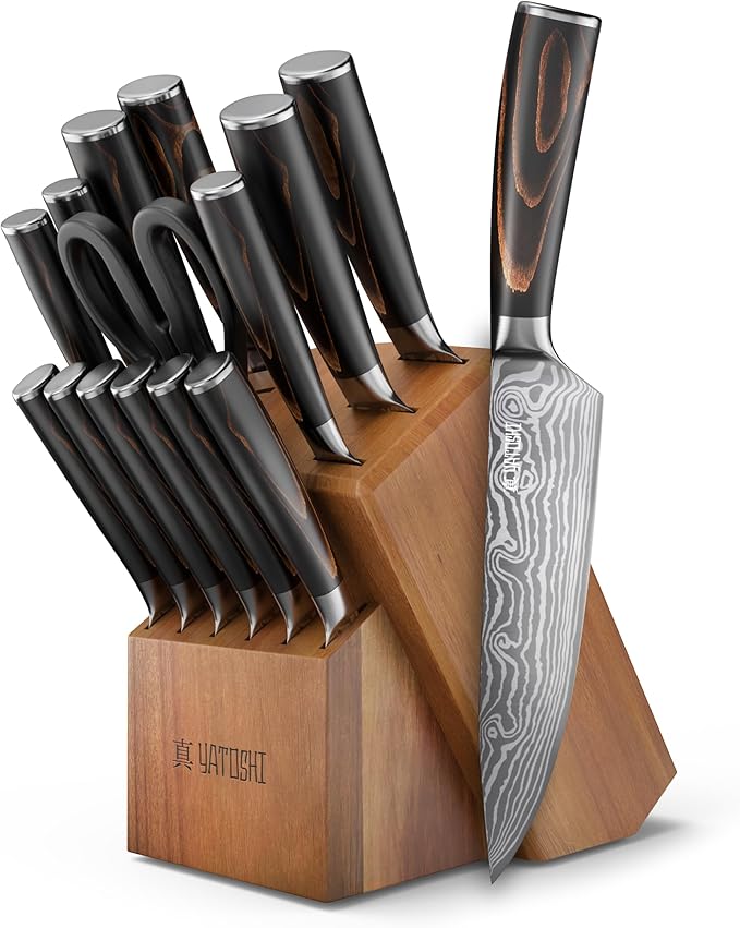 Yatoshi Professional Kitchen Knife Set, 15 Pieces, High Carbon Stainless Steel, Ergonomic Handle by YatoshiKnives
