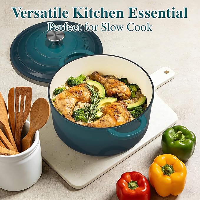 Umite Chef 7QT Enameled Cast Iron Dutch Oven with Lid & Cotton Potholders–Heavy-Duty Cookware for Bread Baking, Braising, Stews, Marinate, Cook(Emerald) - Image 7