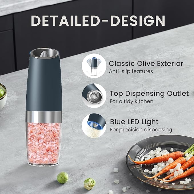 Battery Operated Salt And Pepper Grinder Set with LED Light, Automatic Electric Gravity Salt And Pepper Shakers Set, Each 6 AAA Batteries Needed, Adjustable Roughness, 2 Pack (Grey) - Image 5