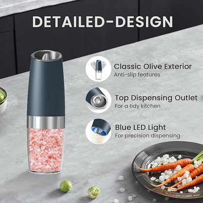 Battery Operated Salt And Pepper Grinder Set with LED Light, Automatic Electric Gravity Salt And Pepper Shakers Set, Each 6 AAA Batteries Needed, Adjustable Roughness, 2 Pack (Grey) - Image 5
