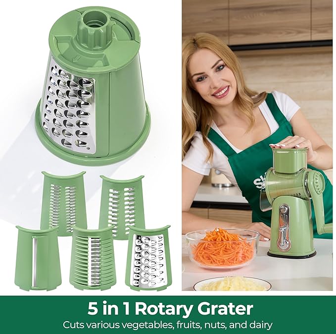 SUSTEAS Rotary Cheese Grater with Handle - Vegetable Shredder with 5 Well-designed Blades & Strong Suction Base,Round Mandoline Slicer & Food Chopper for Kitchen,with Blade Storage Box(Retro Green) - Image 5