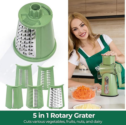 SUSTEAS Rotary Cheese Grater with Handle - Vegetable Shredder with 5 Well-designed Blades & Strong Suction Base,Round Mandoline Slicer & Food Chopper for Kitchen,with Blade Storage Box(Retro Green) - Image 5
