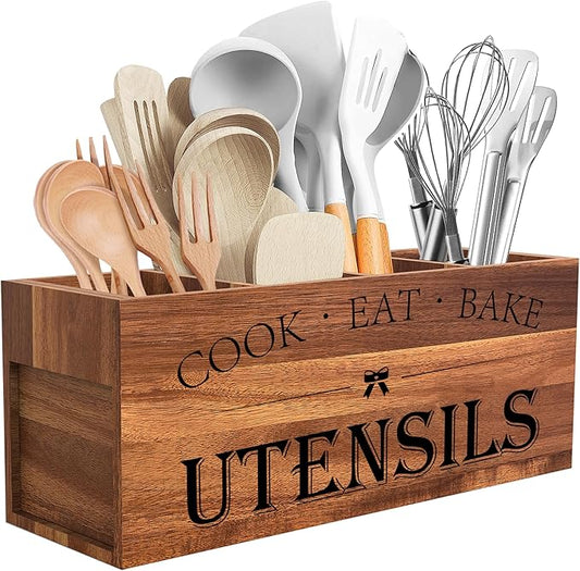 Suli Acacia Wood Utensil Holder for Kitchen Counter,Extra Large Utensils Holder with 4 Compartments,Caddy Organizer for Countertop, Farmhouse Kitchen Decor, Rustic Cooking Utensil by Suli