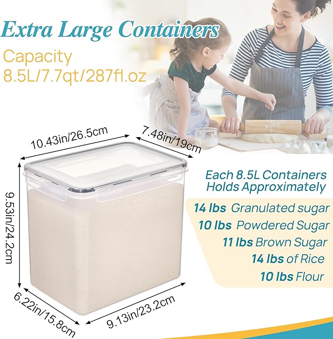 Vtopmart 8.5L 2 Pack Extra Large Flour Sugar Storage Containers for 20lbs flour, Airtight Kitchen Pantry Organization Canisters with Lids for Bulk food, Rice, Baking Supplies, BPA Free, Black - Image 2