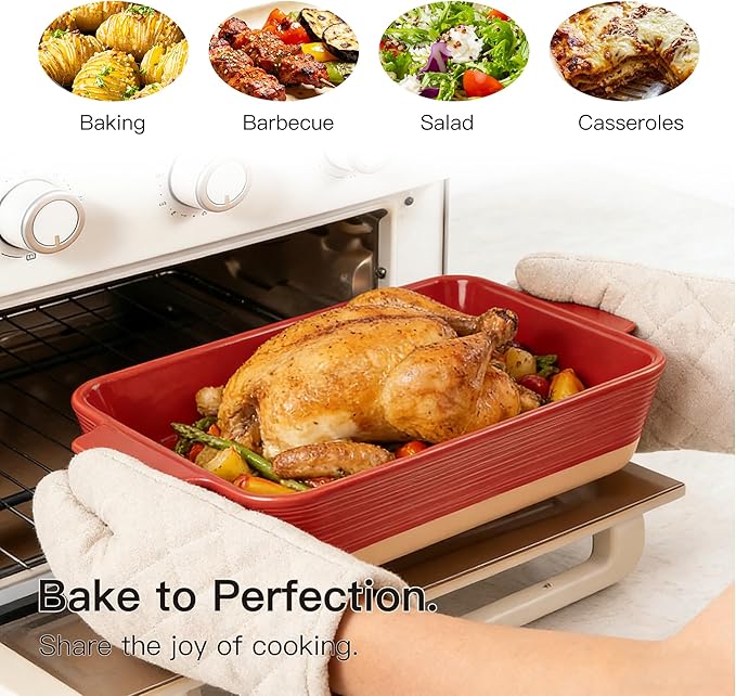 Dafuceramic Casserole Dish for Oven, 4.2 QT Baking Dish, 9x13 Large Porcelain Baking Pan, Durable Rectangular Lasagna Pan Deep with Handles, Microwave Oven Safe, Home Decor, Wedding Gift,(Khaki & Red) - Image 3