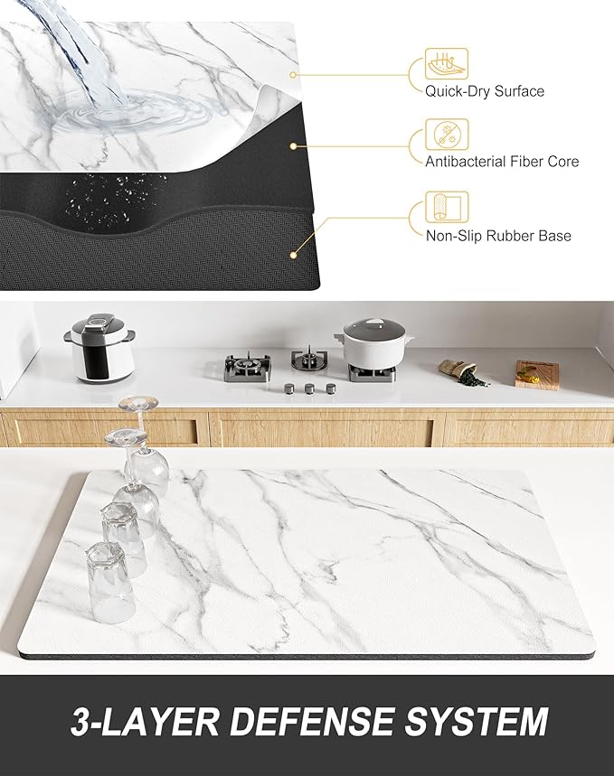 Rnivvi Dish Drying Mat for Kitchen Counter, XL 15 x 24" Cute Marble Super Absorbent Draining Pad, Non-Slip Heat Resistant Coffee Bar Mats for Coffee Machine Station Accessories, White Dish Rack Pad - Image 4