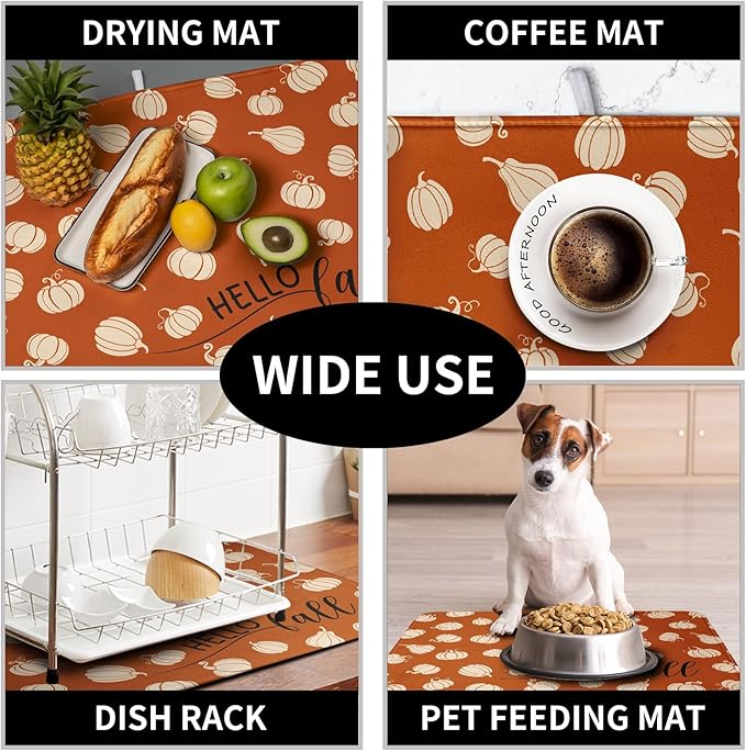 Hello Fall Drying Mat for Kitchen Counter Autumn Orange Pumpkin Dry Dish Mat Thanksgiving Absorbent Microfiber Dish Draining Washable Dish Drainer Rack Mat Large 18x24 Inch - Image 7