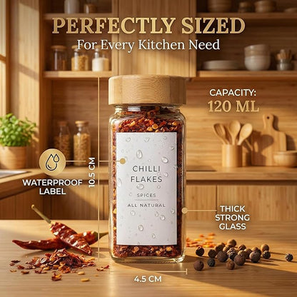 Glass Spice Jars with 360 Labels -24 pcs- 4oz- Spice Containers with Bamboo Lids -Shaker Lids- Pepper Grinder-Spice Organization for Cabinet-Drawer-Rack-Seasoning Organizer-Square bottles - Image 6
