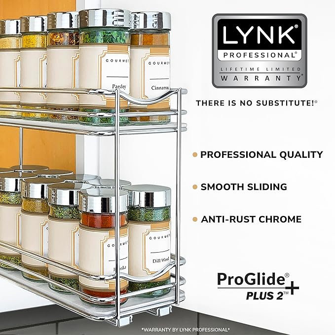 LYNK PROFESSIONAL® Pull Out Spice Organization for Cabinets - 4-3/8 inch Wide – Spice Rack for Inside Cabinets, Slide Out Spice Rack Organizer for cabinet – Pull Out Spice Rack, Sliding 2 Tier Chrome - Image 2