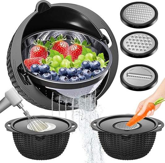 4-1 Colander with Bowl Set - Colander for Kitchen - Rotatable Strainers and Colanders(Patented) - Pasta Strainer - Bowl With Colander & New Upgraded Graters for Fruit Veggie, Kitchen Essentials, Black by UTTKOJ