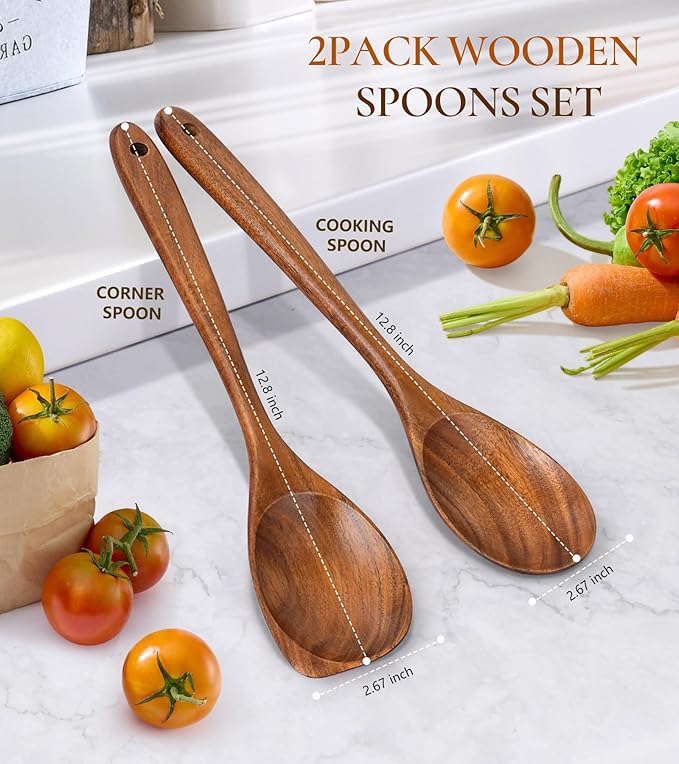 2Pcs Wooden Spoons for Cooking, Natural Premium Teak Wood Spoon & Corner Spoon, Good Grip Large Cooking Spoons Spatula, Heat Resistant Wooden Kitchen Cooking Utensils Set for Nonstick Cookware - Image 3