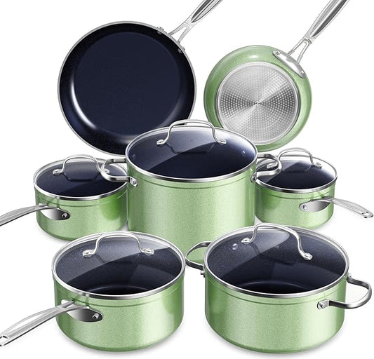 Nuwave Healthy Duralon Blue Ceramic Nonstick Cookware Set, Diamond Infused Scratch-Resistant, PFAS Free, Dishwasher & Oven Safe, Induction Ready & Evenly Heats, Tempered Glass Lids & Stay-Cool Handles by NuWave