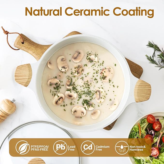 SENSARTE Ceramic Nonstick Stock Pot with Lid, 7 Qt Induction Cooking Pot with Tempered Glass Lid, Stew Pot for Soup and Oatmeal, Pasta Casserole, Free of PFAS & PTFE, White - Image 2