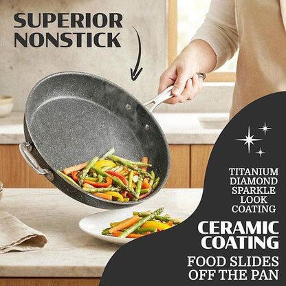 Granitestone Ceraluxe 14 Inch Frying Pan with Lid, Family Sized Large Frying Pan Skillet with Ceramic Nonstick Coating, Non Toxic PFOA Free, Oven and Dishwasher Safe - Black - Image 2