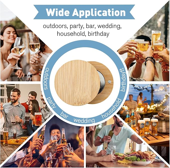 24 Pcs Magnetic Bottle Opener 2.5In DIY Bamboo Round Shape Beer Openers Wooden Fridge Magnet Refrigerator Sticker for Beer Lovers,Wedding Guests,Kitchens,Bars,Parties
