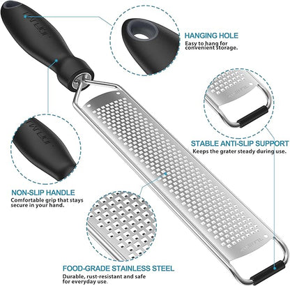Zester Grater, Lemon Zester Grater with Handle, Premium Stainless Steel Citrus Zester for Parmesan, Garlic, Chocolate, Ginger, Non-Slip Grip, Safety Cover & Cleaning Brush, Black