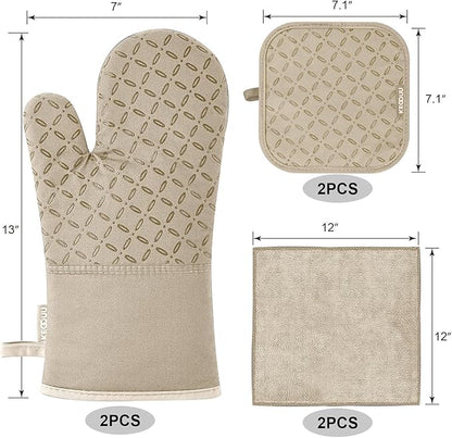 KEGOUU Oven Mitts and Pot Holders 6pcs Set, Kitchen Oven Glove High Heat Resistant 500 Degree Extra Long Oven Mitts and Potholder with Non-Slip Silicone Surface for Cooking (Almond) - Image 2