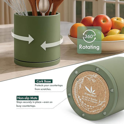 D'vine Dev 360° Rotating Utensil Holder Set – 7.2"+5" Kitchen Utensil Crocks for Countertop, Modern Cooking Tool Organizers for Kitchen Storage +Décor, Olive, Set of 2, 72-Z-C-1 - Image 4