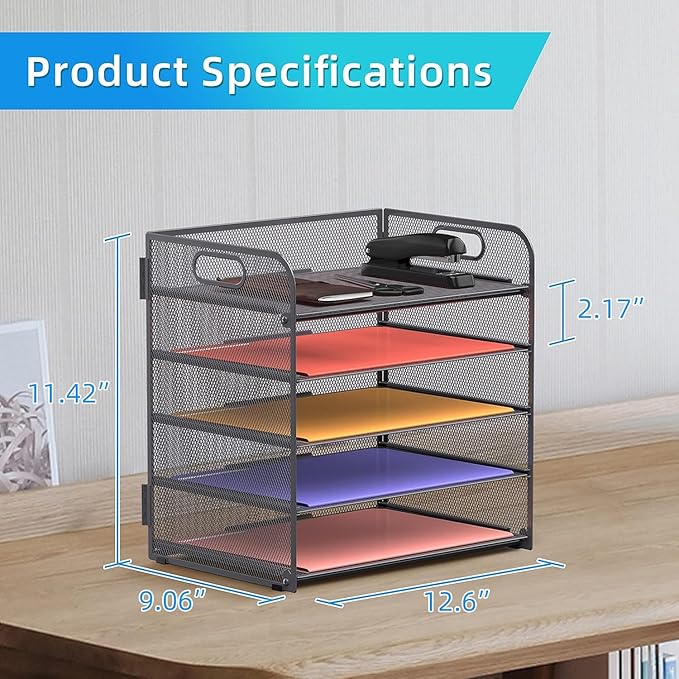 Supeasy 5 Trays Paper Organizer Letter Tray with Handle-Mesh Desk File Organizer, Grey Paper Sorter Desk Organizer for Office, Home or School - Image 6