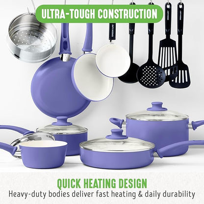 GreenLife 16 Piece Nonstick Cookware Set, Soft Grip Non-Toxic PFAS-Free Ceramic Pots & Pans, Dishwasher & Oven Safe, Frying, Sauce, Utensils, Glass Lids, Stay-Cool Handles, Wobble Free, Periwinkle - Image 5