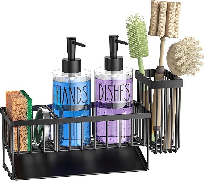 MASADI Kitchen Sink Caddy with Dish Soap Dispenser Set, 12OZ Glass Bottle, Hand and Dish Soap Dispenser Set, Non-Slip Silicone Pad, Brush Holder, Kitchen Sink Organizer Countertop (Black+Clear) - Image 9