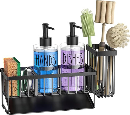 MASADI Kitchen Sink Caddy with Dish Soap Dispenser Set, 12OZ Glass Bottle, Hand and Dish Soap Dispenser Set, Non-Slip Silicone Pad, Brush Holder, Kitchen Sink Organizer Countertop (Black+Clear) - Image 9