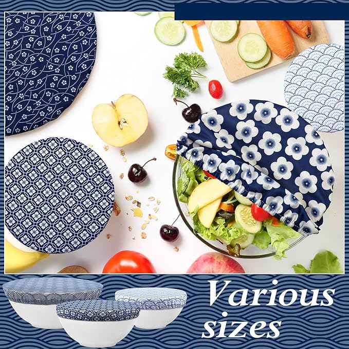 Patelai 10 Pcs Bowl Covers Reusable in 5 Size Stretch Cloth Fabric Elastic Food Storage Bowl Covers Bread Sourdough Lids for Proofing Food Fruits Leftover(Blue White,Geometric Style) - Image 5