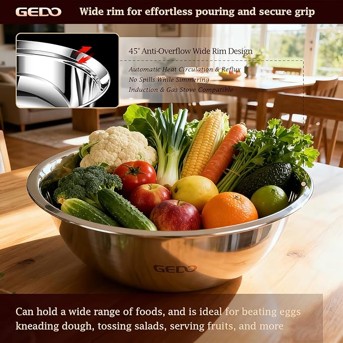 GEDO Stainless Steel 3pcs, 4pcs Mixing Bowls Set, 316L,Grade, Silver, Nesting Design, Professional Kitchen Bowls (7.86/9.43/11 in)