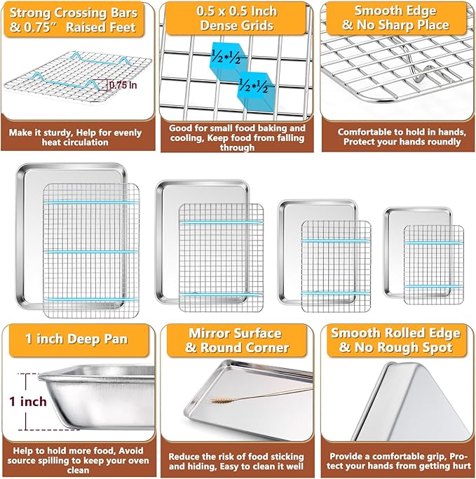 P&P CHEF 16 + 12.5 + 10.4 + 9 Inch Baking Sheet and Rack Set, 8Pcs Stainless Steel Cookie Sheets Oven Baking Pans Trays with Cooling Racks for Cooking, Oven & Dishwasher Safe, Pans with Grid Racks - Image 3