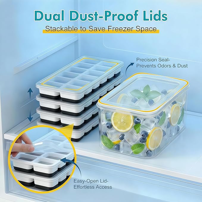 NFK Ice Cube Tray with Lid & Bin - 4 Pack 48 Cubes Stackable Silicone Trays for Freezer with Storage Container, Leak-Proof Lids, BPA-Free, Easy Release for Kitchen, RV, Party, Cocktail & Coffee - Image 4