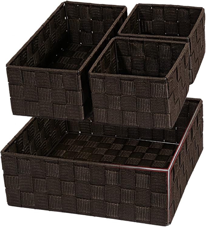 Posprica Woven Storage Baskets for Organizing, Small Baskets Cube Bin Container Tote Organizer Divider for Drawer, Closet, Shelf, Dresser, Set of 4(Brown) by Posprica
