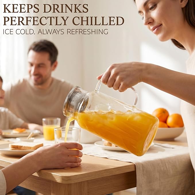 Glass Pitcher with Lid and Handle, 68oz 2 Liter Borosilicate Glass Water Pitcher for Fridge, Heat Resistant Iced Tea Pitcher, Glass Carafe for Hot Cold Beverages Juice Lemonade