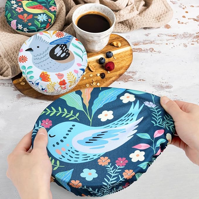 5 Pieces Bowl Covers Reusable, 5 Size Elastic Cloth Bowl Covers for Bread Proofing, Food Covers Washable for Food Fruits Leftover (Floral Bird) - Image 3