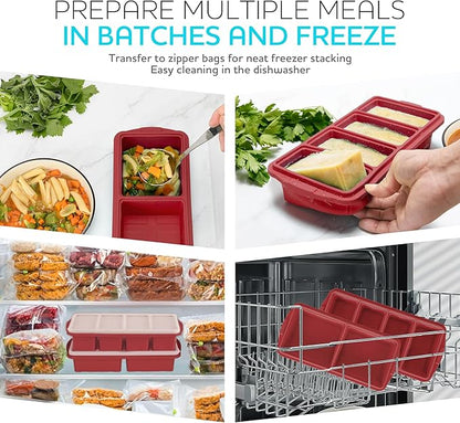 Silicone Freezer Tray With Lid-Soup Freezer Container molds-Large Ice Cube Tray Set Makes 1-Cup & 2-Cup portions cubes Perfect for preparing meals in different portion sizes Oven & Dishwasher -Safe
